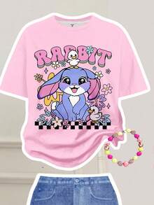 SHEIN Leap Crew 2 pezzi/set, rosa brillante, coniglio blu carino e dolce, motivo a fiori Stitch, motivo a cuore, outfit casual per ragazze pre-adolescenti, maglietta a maniche corte con collo tondo e pantaloni a zampa, adatto per l'autunno