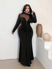 Maweii Plus-Size Elegant Red A-Line Maxi Dress With Polka Dot Detailing, Gold Foil-Coated Fabric, And A Wide Hem. Suitable For Everyday Wear, Parties, New Year's, Christmas, Holidays, And Valentine's Day. Floral Pattern. - Black - View 5