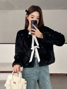 SHEIN 少女秋冬优雅黑色蓬松饰边夹克 - 黑色 - 查看 3