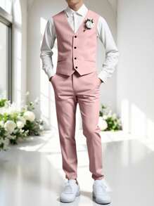 SHEIN Set de 2 piezas Traje de caballero para adolescentes, chaleco ajustado en verde menta + pantalón largo con textura, conjunto elegante y formal para cumpleaños, fiesta, boda, graduación - Rosa - Ver 5