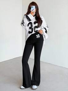 SHEIN 少女字母数字星星印花圆领长袖 T 恤和针织紧身喇叭裤黑色两件套 - 黑色 - 查看 1