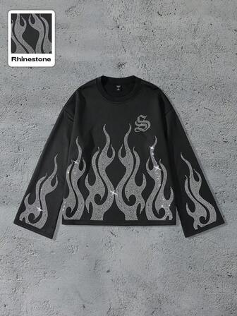 Street Life Maglietta a maniche lunghe oversize con stampa di diamanti scintillanti, adatta per l'autunno