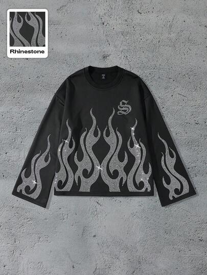 Street Life Chemise à manches longues ample et courte pour homme avec imprimé diamant scintillant, pour l'automne