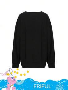 FRIFUL SHEIN X Care Bears 女式宽松休闲街头风格字母与卡通图案圆领套头 T 恤长袖上衣 - 黑色 - 查看 13