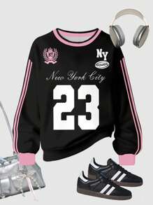 SHEIN Leap Crew 少女Y2K复古运动风印花卫衣，黑粉撞色，“纽约”23号条纹针织图案，休闲宽松舒适长袖套头衫，适合秋冬季节穿着，轻松舒适，秋季叠穿，时尚少女，休闲百搭，返校季，秋季服装，返校节 - 彩色 - 查看 2