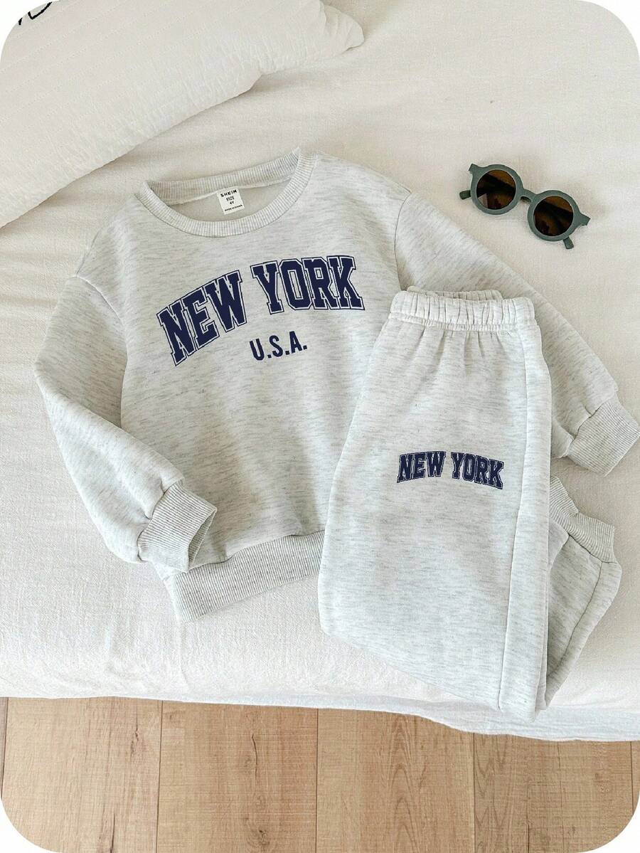 SHEIN 2pcs/Set Kids Casual Sporty Knit Letter Print Long Sleeve Fleece Sweatshirt And Jogger Pants Tracksuit, Suitable For Autumn/Winter Boys Sweat Set Boys New York Outfit Fall