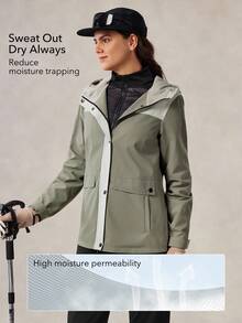 OutZeal Veste de plein air pour femmes, randonnée, camping, résistante à l'eau, coupe-vent, capuche réglable, blocs de couleurs, Top de plein air, printemps automne - Vert - Voir 4