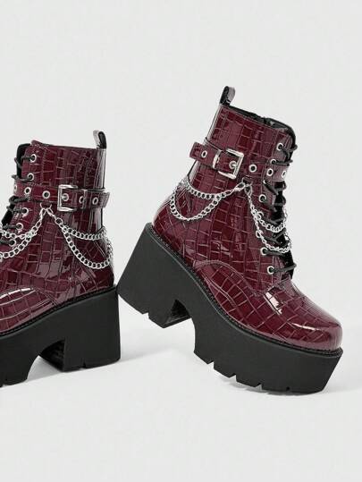 Grunge Punk Botas de tobillo con suela gruesa y tacón ancho de estilo punk para mujer, botas de combate con plataforma y decoración de cadena metálica de estilo gótico, cómodas