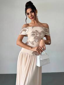 Firerie Women's Elegant Textured Fabric Off Shoulder Dress In Apricot, Romantic & Suitable For Wedding Guest, Party, Formal Events, Summer - Apricot - View 2