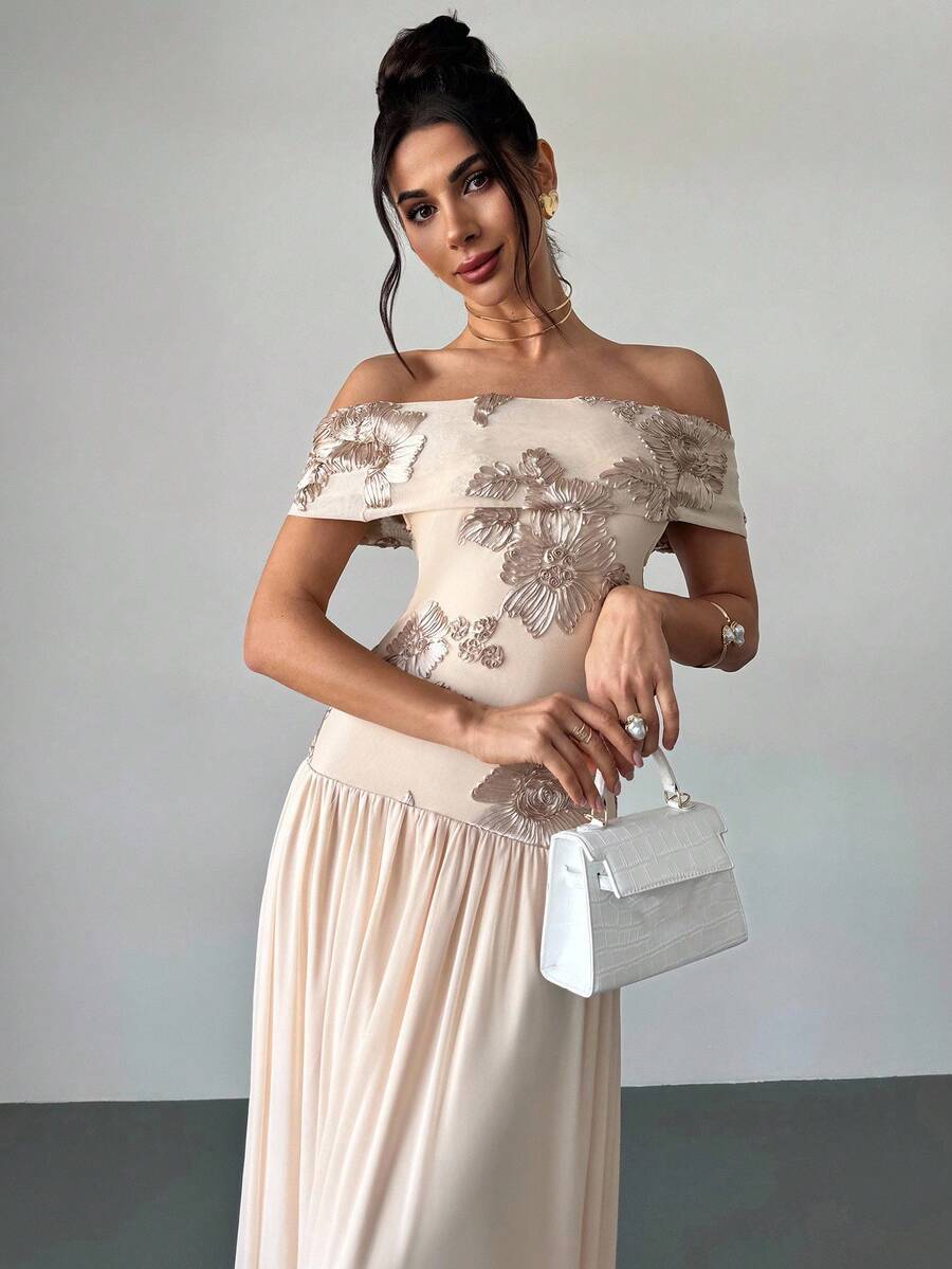 Firerie Women's Elegant Textured Fabric Off Shoulder Dress In Apricot, Romantic & Suitable For Wedding Guest, Party, Formal Events, Summer