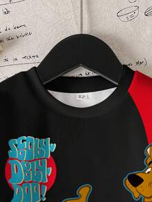 SCOOBY-DOO X SHEIN 小男孩休闲时尚街头卡通字母印花撞色落肩宽松抓绒卫衣，秋冬 - 白色 - 查看 4