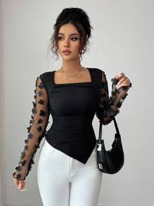 Elenzga 女士优雅通勤3D花卉装饰网眼拼接T恤 - 黑色 - 查看 4