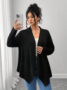 SHEIN PETITE CURVE 大码女式优雅休闲不对称下摆开衫，冬季秋季，黑色，适合女士 - 黑色 - 查看 4