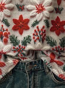 EMERY ROSE Plus Size Casual Floral Print Crew Neck Long Sleeve Pullover Sweater Fall Winter Cloth For Women Autumn - Multicolor - View 3