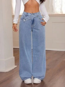 SHEIN PETITE Women's Fall Autumn Winter Halloween Christmas National Day Graduation Y2k Cute Streetwear Birthday Outfit Night Out Going Out Club Outfit Airport Outfit Business Casual Woman Country Vintage Modest Old Money Business Casual Woman Work Clothes Asymmetric Waist Pocket Wide Leg Loose Casual Blue Jeans