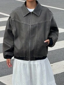 SHEIN EZwear 灰色冬季夹克女式宽松拉链领黑色仿皮夹克，休闲黑色皮夹克女式皮夹克 - 黑色 - 查看 5