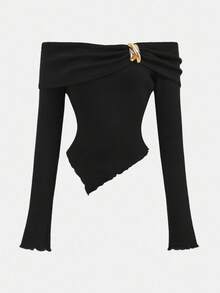 Girlism 优雅露肩不对称下摆长袖T恤，适合少女 - 黑色 - 查看 1