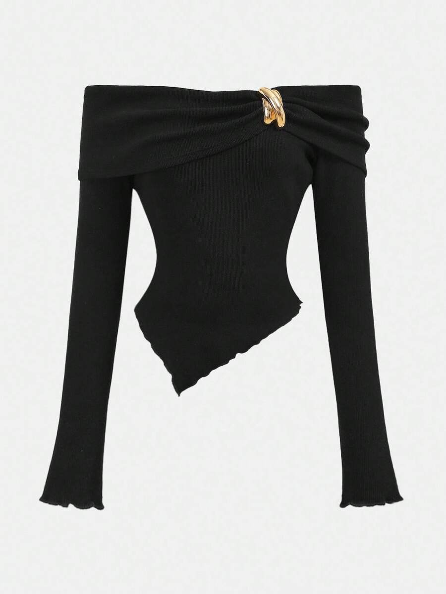 Girlism 优雅露肩不对称下摆长袖T恤，适合少女 - 黑色 - 查看 1