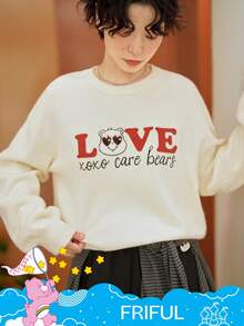 FRIFUL SHEIN X Care Bears 女士圆领字母刺绣撞色印花宽松加厚羊毛衫 - 米色 - 查看 7