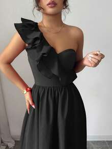 Rafferiza 时尚新款无袖荷叶边下摆开衩欧美风女装连衣裙 - 黑色 - 查看 5