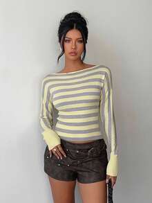 Aloruh Women's Autumn/Winter New Arrival Turtleneck Long Sleeve Yellow Striped Slim Fit Ribbed Sweater,Fall - Multicolor - View 5