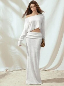 Roylia 女士纯色不对称肩长袖短款毛衣和针织裙两件套，时尚百搭 - 白色 - 查看 6