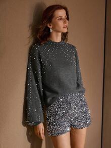 MOTF PREMIUM FAUX PEARL DETAIL STAND COLLAR DROP SHOULDER OVERSIZE SWEATER - Grey - View 1