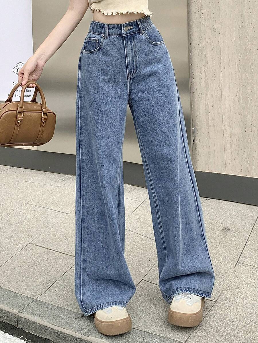 DAZY Solid Color Loose Fit Wide Leg Long Denim Pants Women Jeans - Medium Wash - View 1