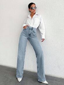 SHEIN Tall Quần jean ống đứng cạp cao 100% cotton CAO - Màu xanh nhạt - Xem 5