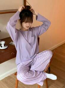 DAZY 少女宽松舒适休闲家居服套装，甜美格子直筒裤，秋季