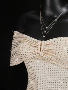 SHEIN ICON Váy ngắn hở vai đính đá lấp lánh gợi cảm - Màu be - Xem 3