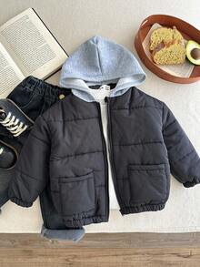 SHEIN Young Boys' Casual Thick Contrast Color Hooded Jacket, Comfortable & Versatile For Back To School, Autumn/Winter Fall