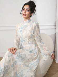 Veilorie Váy tay loe họa tiết hoa thanh lịch cho nữ, thu đông - Màu xanh nhạt - Xem 5