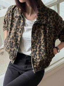 DAZY 女士翻领豹纹短款街头休闲牛仔夹克外套秋冬Y2K - 棕色 - 查看 6