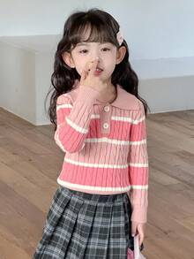 Dazy Kids Girls Striped Textured Knit Turtleneck Sweater, Autumn/Winter - Pink - View 3