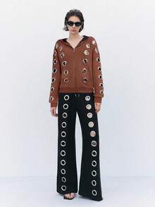 LYSMO Women's Fashionable Avant-Garde Cool Eyelet Hollow Design Pullover Hoodie, Autumn/Winter - Brown - View 6