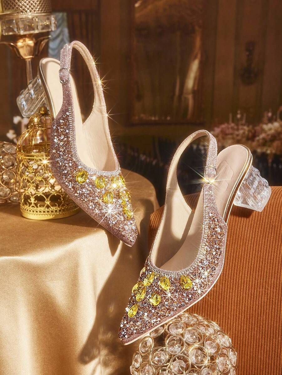 CUCCOO TILAWA 女士水晶高跟水钻尖头香槟色浅口鞋,适合外出、宴会、聚会和其他活动 - 香檳色 - 查看 1