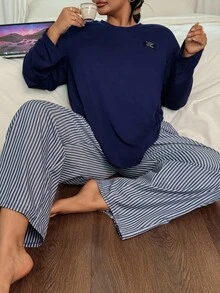 SHEIN 2pcs Women Plus Size Letter Embroidered Knit Crew Neck Long Sleeve Top And Woven Striped Pants Pajama Set Lounge Wear Set Pajama Set Pajama Set, Fall Winter Clothes, Cozy Outfits - Navy Blue - View 6
