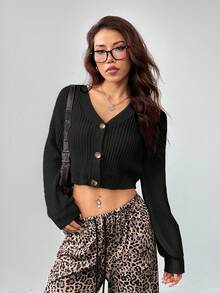 SHEIN PETITE White Lantern Sleeve Button Front Rib Knit Cardigan Cardigan Cropped Crop Top Sweater Cropped Cardigan In Fall/Winter - Black - View 6
