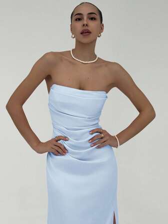 Aloruh Women Solid Color Pleated Strapless Dress Blue