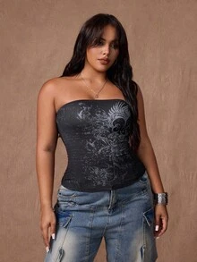 Rustia Plus Size Women's Streetwear Glitter Tight Crop Top - Black - View 3