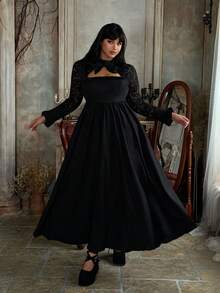 Flirla Plus Size Halloween Dark Contrast Lace-Up Dress - Black - View 7