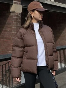 DAZY 休闲纯色宽松女士棉服外套冬季夹克 - 咖啡棕 - 查看 4