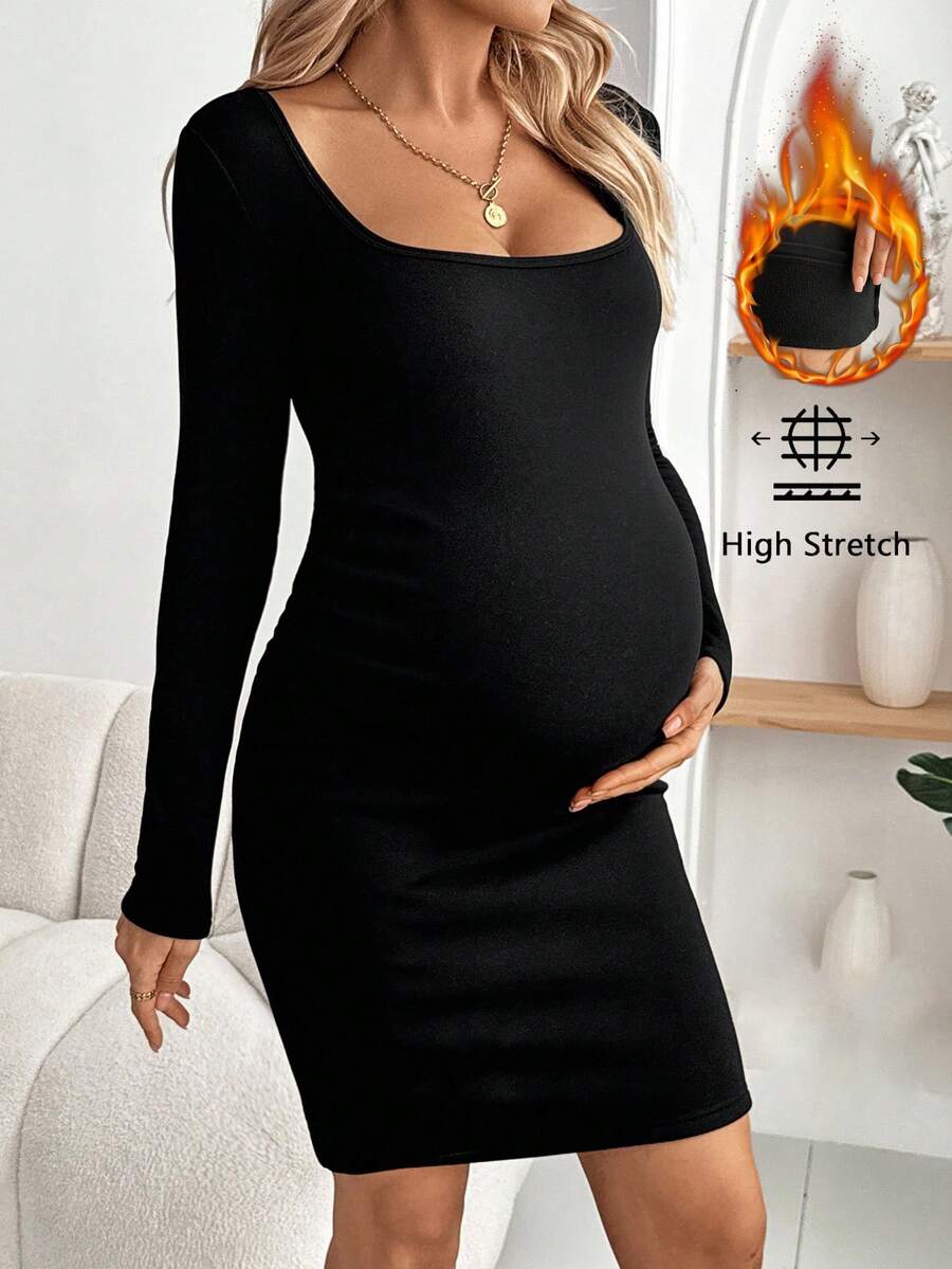 SHEIN 孕妇纯色方领长袖修身连衣裙 - 黑色 - 查看 1