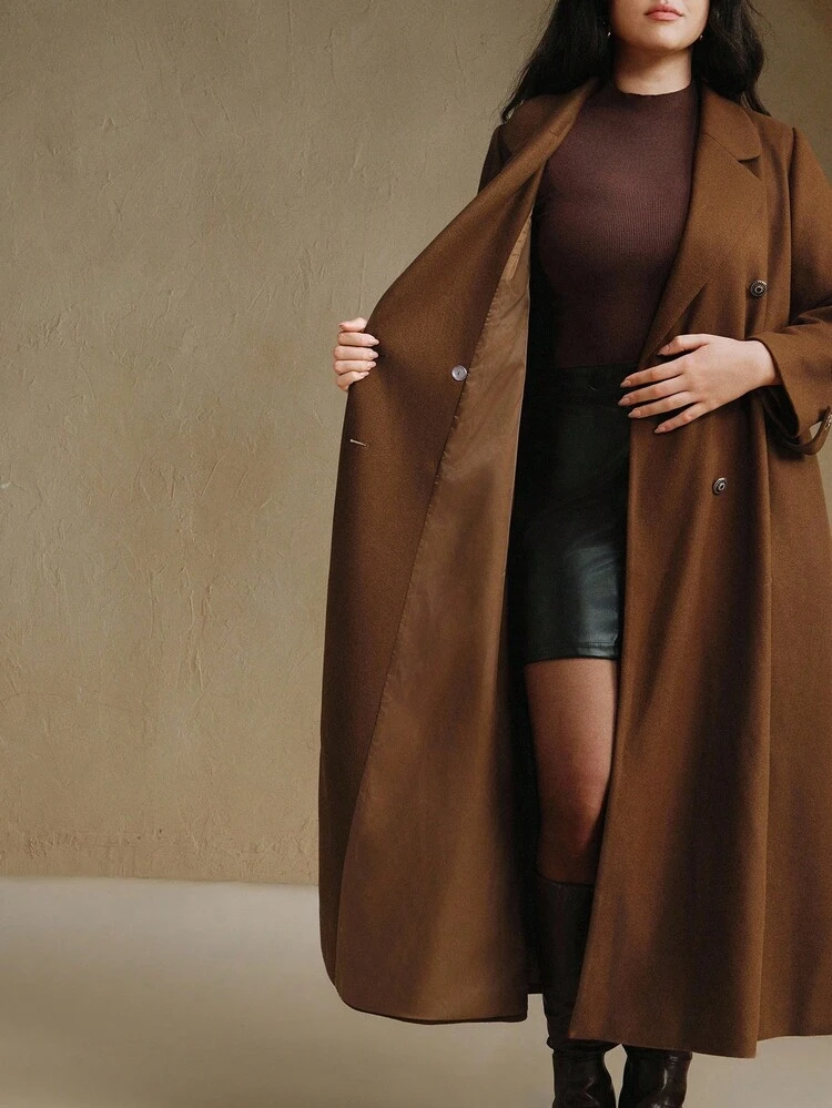 Plus Size Women's Elegant Double-Breasted Belted Lapel Long Overcoat, Winter