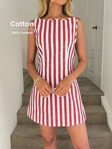 Easowa A-Linie rückenfreies ärmelloses Kleid, gewebter gestreifter Stoff, lässiges Urlaubselegantes Streetwear Minikleid für Frauen