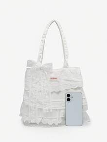 ROMWE Kawaii 女士复古度假风格网眼褶边蝴蝶结大容量托特包，女士可爱蝴蝶结包，白色