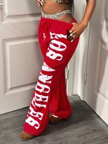 BamGleam Fashionable Leopard Print & Letter Graphic Sweatpants Fall Cloth For Women - Red - View 3