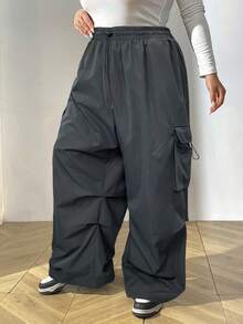 SHEIN CURVE+ 大码女式纯色抽绳腰带口袋褶皱阔腿裤 - 灰色 - 查看 3