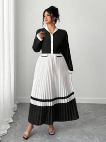 Elenzga Women's Elegant Long Sleeve Black & White Color Block Pleated Dress Fall Cloth For Women